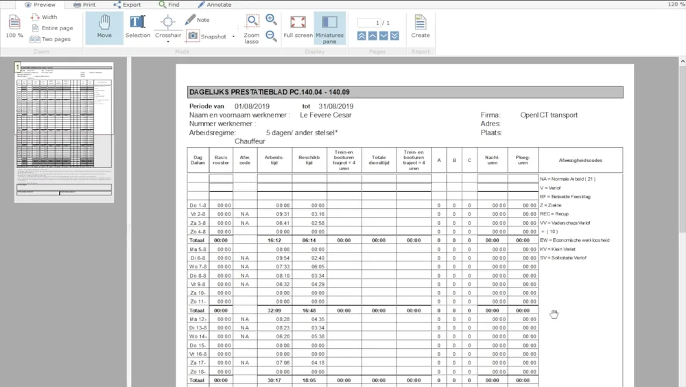 Performance sheet